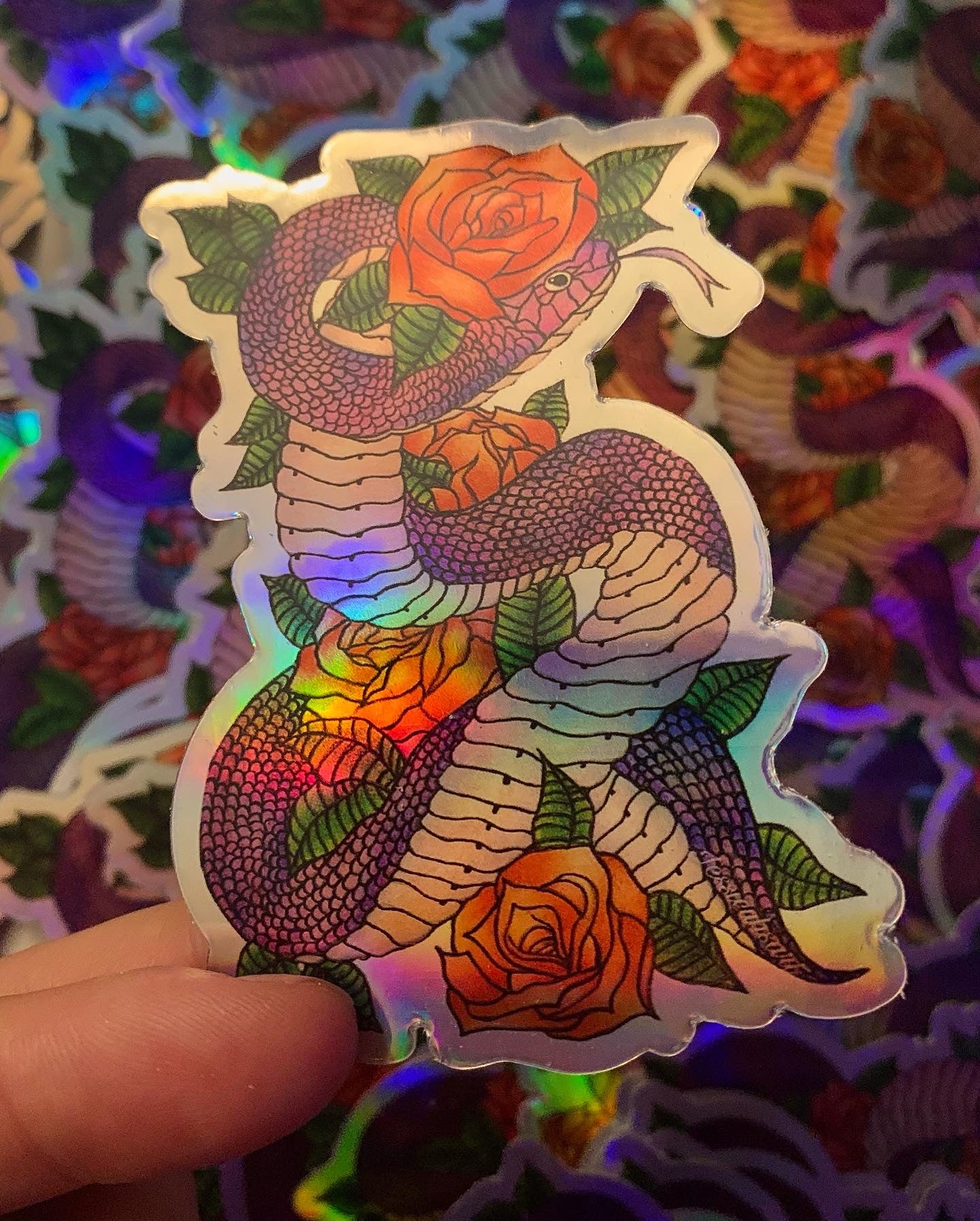 Snake and roses holographic sticker